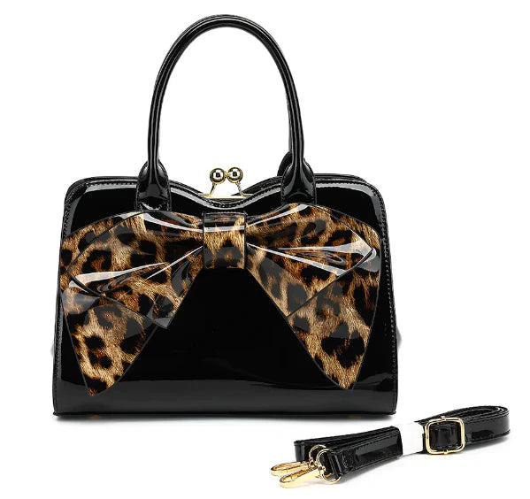 Patent Leather Leopard Print Bow Designer Handbag