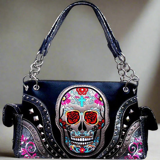 Concealed Carry Sugar Skull Purse • Embroidered Studded Gothic Shoulder Bag • Women's Fashionable CCW Handbag with Hidden Gun Compartment