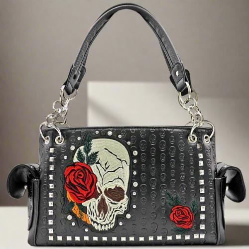 Sugar Skull Rose Embroidered Small Concealed Carry Black Purse • Gothic Embossed Studded Shoulder Bag - Fashionable CCW Handbag